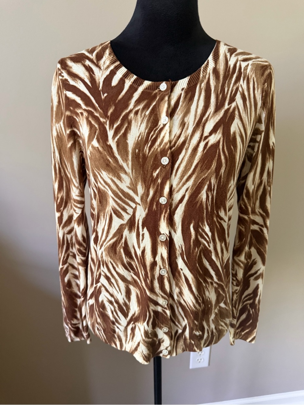 Talbots Medium Petite Brown & Cream Animal Print Button-Front Cardigan